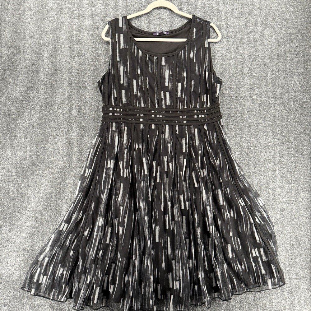 Roamans Dress Womens 16W Black Gray Mesh Fit Flare Midi Evening Fairy Grunge